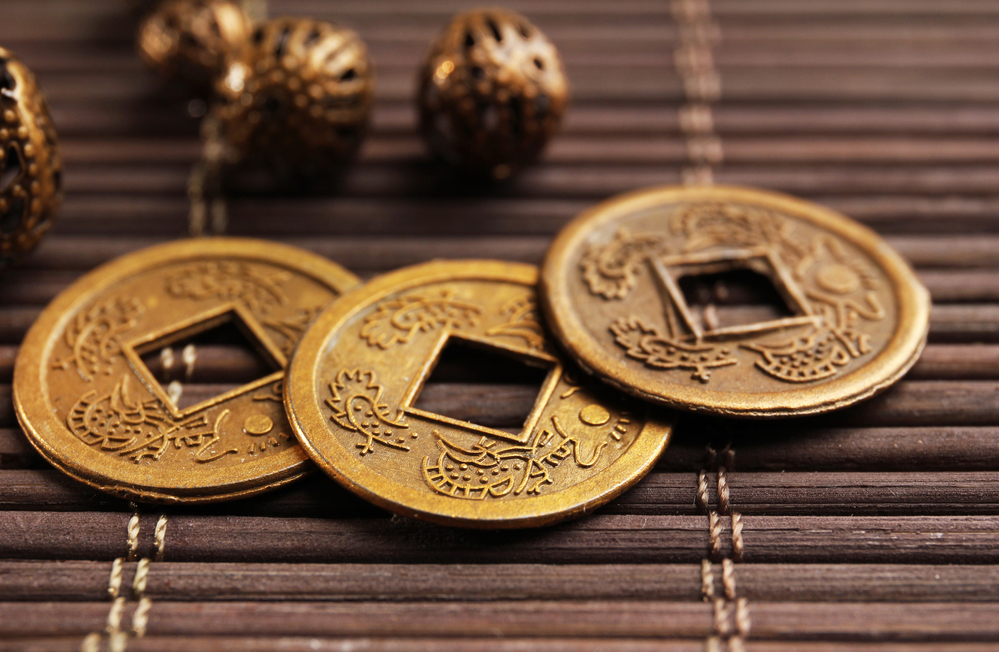 Feng shui coins on table close-up